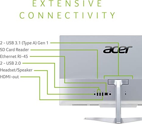 Acer Aspire C24-865-UA91 AIO Desktop, 23.8 inches Full HD, 8th Gen Intel Core i5-8250U, 8GB DDR4, 1TB HDD, 802.11AC Wifi, Wireless Keyboard and Mouse, Windows 10 Home, Silver